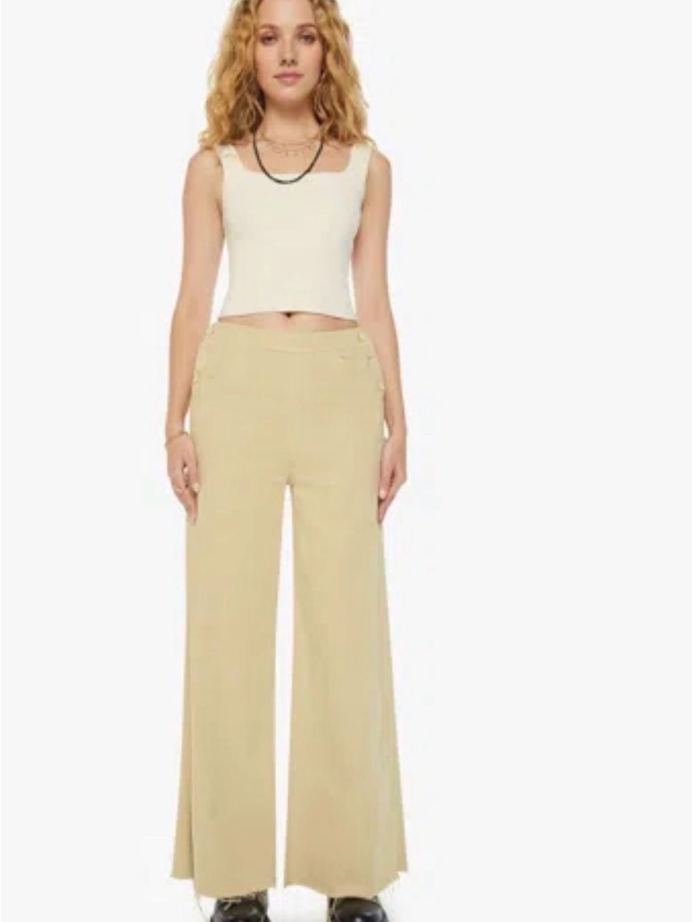 MOTHER  The Main Sail sneak fray, Wide-Leg High-Rise Pants in Light Beige